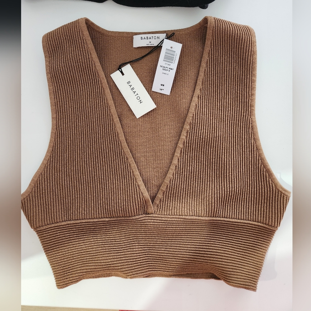Babaton Women's Brown Ribbed V-Neck Tank Top